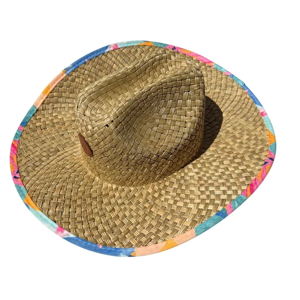 NWT Roxy Girls Pina To My Colada Straw Panama Hat Wide Brim Floral Beach Sun Hat